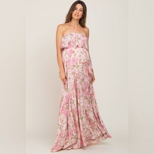Pinkblush Light Pink Floral Strapless Ruffle Front Maternity Maxi Dress Size L